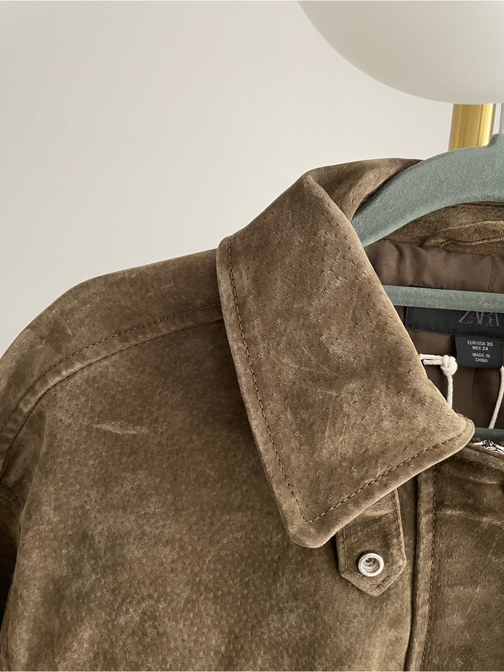 NWT Zara 100% Leather Suede Bomber Jacket Khaki Dusty Cocoa Brown - Picture 9 of 14